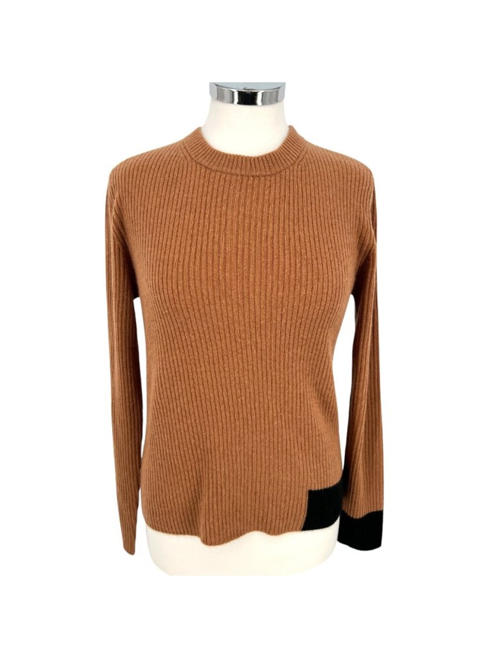 Elie Tahari 100% Cashmere Ribbed Crewneck Sweater Camel Brown Black Size Large
